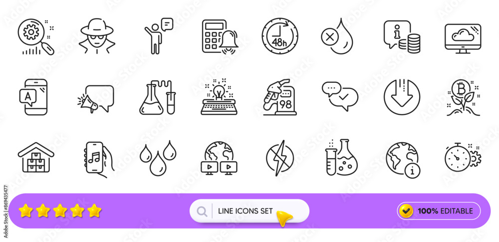 Wholesale goods, Ab testing and Antistatic line icons for web app. Pack of Chemistry lab, Download arrow, Info pictogram icons. Bitcoin project, 48 hours, Waterproof signs. Search bar. Vector Wholesale goods, Ab testing and Antistatic line icons for web app. Pack of Chemistry lab, Download arrow, Info pictogram icons. Bitcoin project, 48 hours, Waterproof signs. Search bar. Vector
