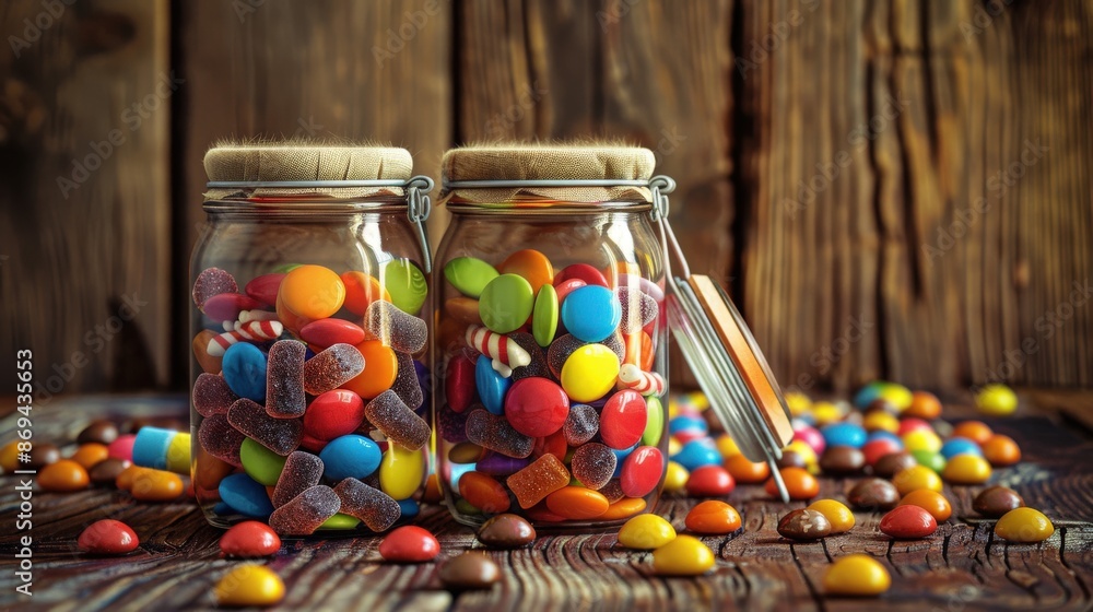 Artistic candy jar mock up with colorful candies and a rustic wooden background, the hyper detailed texture adding a touch of elegance Artistic candy jar mock up with colorful candies and a rustic wooden background, the hyper detailed texture adding a touch of elegance