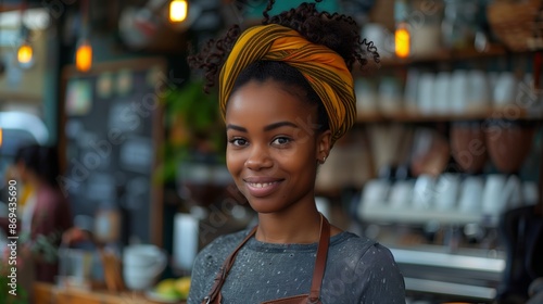 Smiling Woman Wearing Headscarf Working in a Coffee Shop © fotofabrika