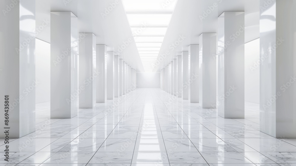 A modern and sleek white corridor designed with minimalist style and LED lighting, creating a futuristic atmosphere A modern and sleek white corridor designed with minimalist style and LED lighting, creating a futuristic atmosphere
