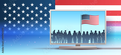 US presidential election people silhouettes American flag background television screen