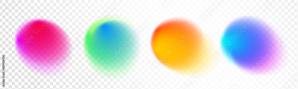 Set color circle gradient noise gradation. Abstract colorful watercolor blur mesh on isolated transparent background. Circle shape png. Gradient aura, grain neon blob noise effect vector illustration.