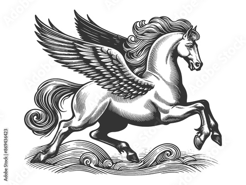 winged Pegasus, showcasing intricate lines and artistic design sketch engraving generative ai fictional character raster illustration. Scratch board imitation. Black and white image. photo