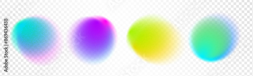 Set color circle gradient noise gradation. Abstract colorful watercolor blur mesh on isolated transparent background. Circle shape png. Gradient aura, grain neon blob noise effect vector illustration.
