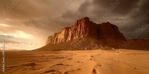 Tall sandstone cliffs tower over a sparse desert landscape under stormy skies. Concept Nature Photography, Desert Landscapes, Dramatic Skies, Sandstone Formations, Stormy Weather