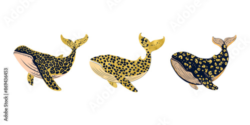 Vector whales collection. Leopard whale clip art. Modern animalistic print design