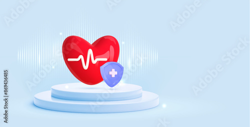 Blue medical, health care background with podium, heart, medical shield. Concept of medicine insurance, hospital, healthcare. 3d vector illustration