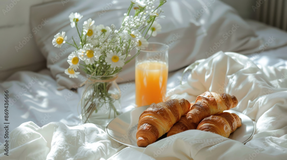 Breakfast in bed with croissants, orange juice, and a flower bouquet on a white blanket Breakfast in bed with croissants, orange juice, and a flower bouquet on a white blanket