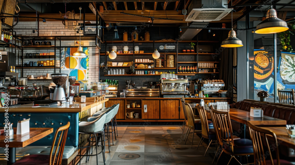 Modern cozy coffee shop interior with wooden furniture, colorful wall art, and industrial lighting Modern cozy coffee shop interior with wooden furniture, colorful wall art, and industrial lighting