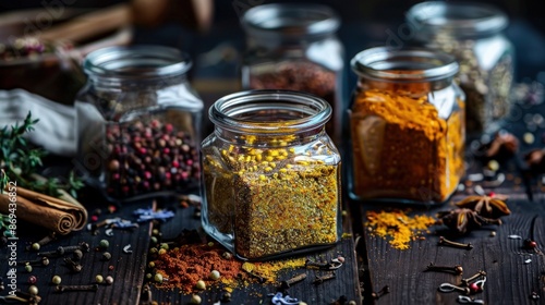 Fototapeta Naklejka Na Ścianę i Meble -  Elegant spice jar mock up with spices artistically arranged on a dark wooden table, the hyper detailed texture adding a touch of luxury