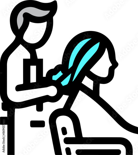 Illustration of hairdresser styling a woman's hair in a salon, with a focus on professional hair care and hairstyling services.