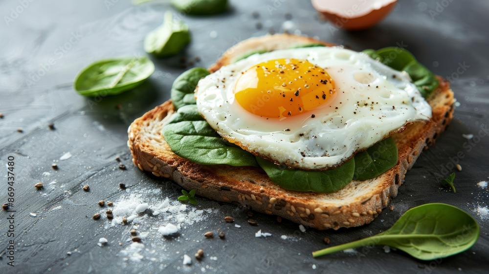 Toast With Avocado, Spinach, And A Fried Egg, A Nutritious Breakfast Toast With Avocado, Spinach, And A Fried Egg, A Nutritious Breakfast