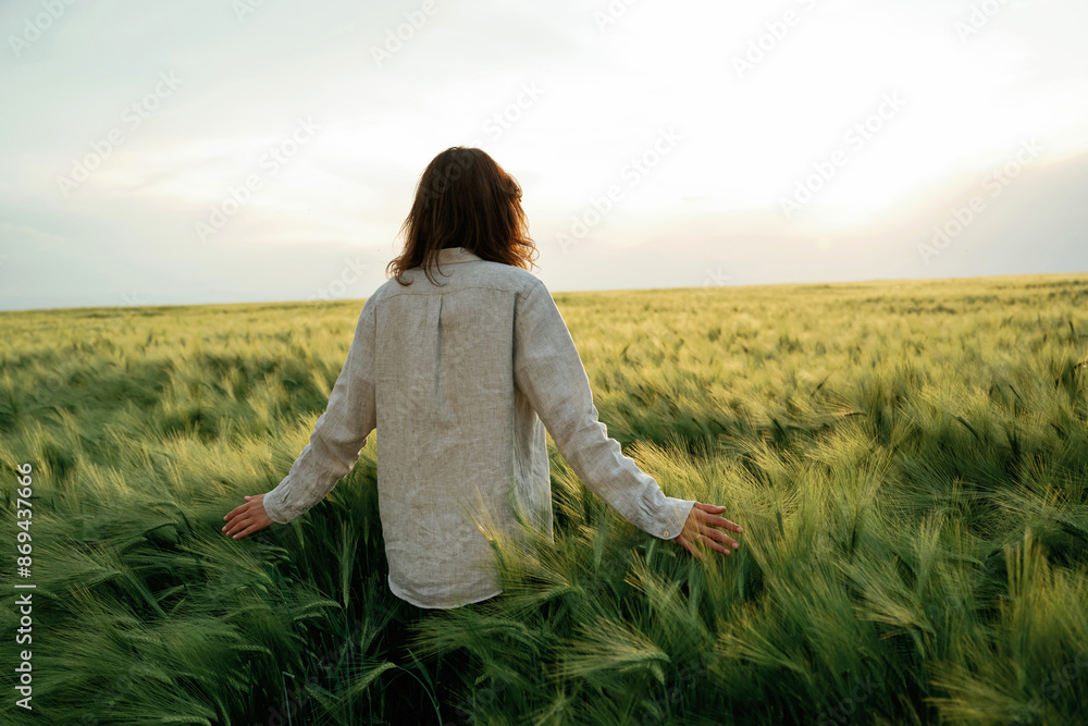 Back view, walking and enjoying nature. Woman in white is on the agricultural wheat field Back view, walking and enjoying nature. Woman in white is on the agricultural wheat field