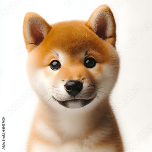 shiba inu puppy looking curiously viewer white background © Galeno
