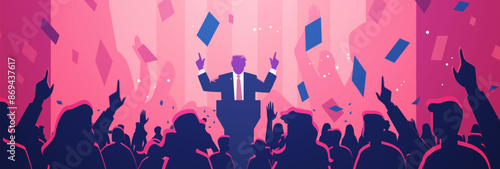 US presidential election candidate giving speech vibrant crowd silhouettes confetti pink blue background modern design