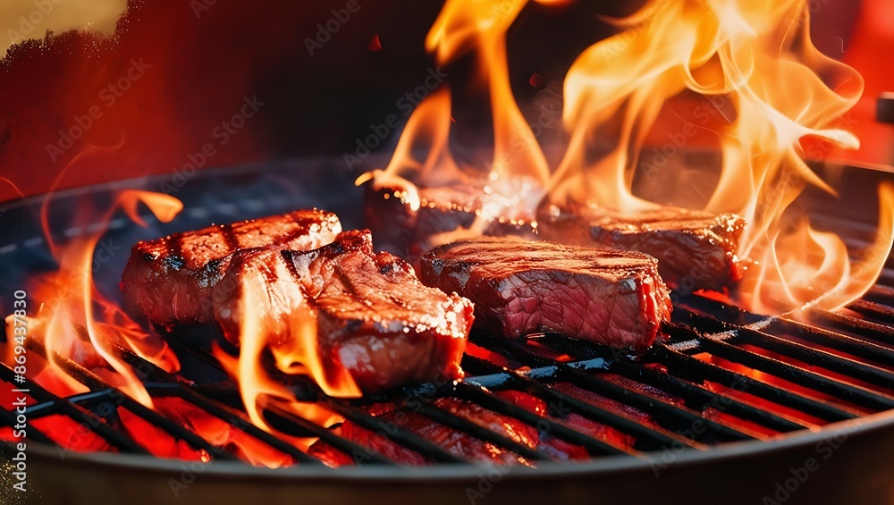 Close up of beef steaks on barbecue grill with flames and smoke Close up of beef steaks on barbecue grill with flames and smoke