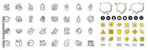 Set of Coffee maker, Food time and Food delivery line icons for web app. Design elements, Social media icons. Ice cream, Grill basket, Coffee break icons. Cake, Takeaway, Whiskey bottle signs. Vector