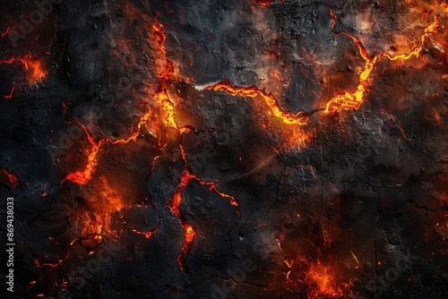 A close-up view of lava flowing through cracks in dark rock © Moostape