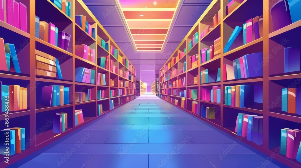 Across the aisle of a bookstore, there is a cartoon illustration with shelves. Modern background with a showcase of education products and window. Bookshelf horizontal librarian perspective view. Across the aisle of a bookstore, there is a cartoon illustration with shelves. Modern background with a showcase of education products and window. Bookshelf horizontal librarian perspective view.