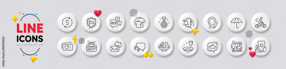 Dollar exchange, Shield and Bid offer line icons. White buttons 3d icons. Pack of Umbrella, Cloud communication, Cyclist icon. Love tickets, Clean t-shirt, Seo statistics pictogram. Vector Dollar exchange, Shield and Bid offer line icons. White buttons 3d icons. Pack of Umbrella, Cloud communication, Cyclist icon. Love tickets, Clean t-shirt, Seo statistics pictogram. Vector