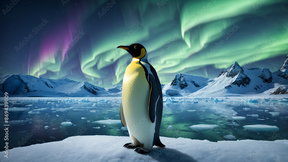 Obraz premium Two penguins stand on a snowy landscape, looking up at the aurora borealis, a vibrant display of green and pink light in the sky
