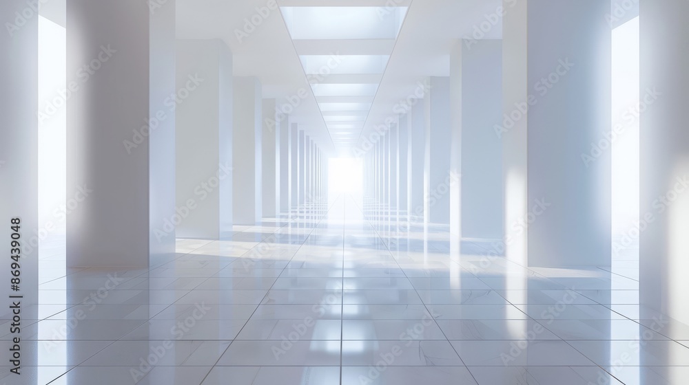 Obraz premium A modern and sleek white corridor designed with minimalist style and LED lighting, creating a futuristic atmosphere