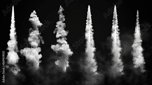 Modern rocket launch smoke trail. Realistic jet takeoff explosion speed effect. White spacecraft spray set in the air. Airplane start engine burst take off, aviation show. photo