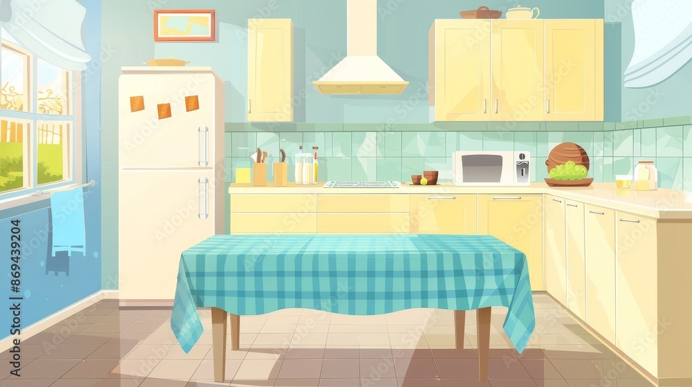 Fototapeta premium An illustration of a cartoon home kitchen interior table by a modern background. A modern room with a refrigerator, stove, sink, and counters. A kitchen with modular equipment near a window for