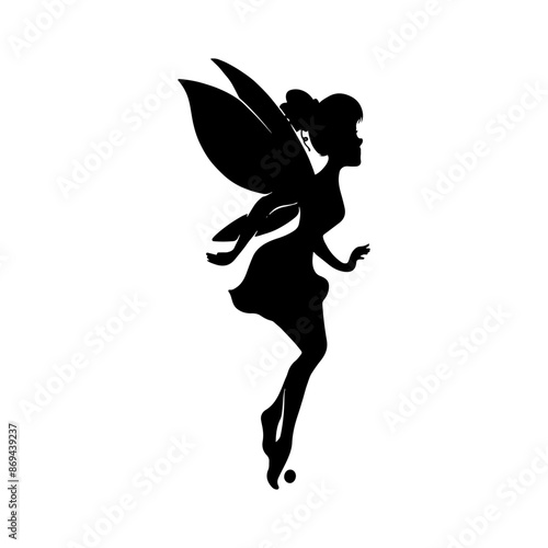 Silhouette of a fairy on a white background. Cute Fairy art. Beautiful Fairies silhouette illustration, Little fairies silhouette. Hand drawn vector illustration