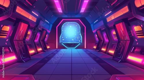 An alien spaceship with a hallway room inside a cartoon illustration of a futuristic metal spaceship with doors and windows. A 2D digital shuttle inside with rolling gates and closed viewports. photo