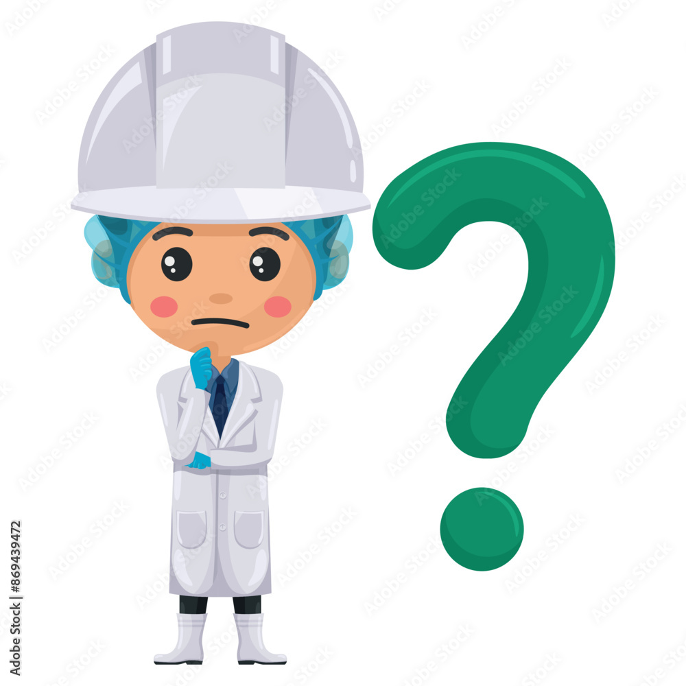 Quality control supervisor expressing doubt, uncertainty with giant question sign. Question sign for FAQ concept. Food industry engineer. Chief food safety. Technology and safety in food production Quality control supervisor expressing doubt, uncertainty with giant question sign. Question sign for FAQ concept. Food industry engineer. Chief food safety. Technology and safety in food production