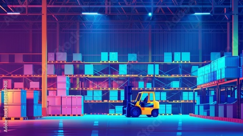 A factory warehouse interior with cargo storage and forklift. A warehouse with boxes on shelves. An illustrated storehouse with a container stored inside it.