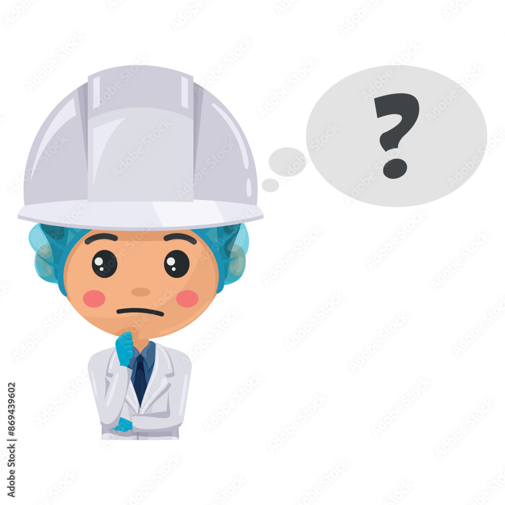 Quality control production supervisor expressing doubt and uncertainty, thinking with a dialogue cloud with a question sign. Question sign for FAQ concept. Food industry engineer. Chief food safety Quality control production supervisor expressing doubt and uncertainty, thinking with a dialogue cloud with a question sign. Question sign for FAQ concept. Food industry engineer. Chief food safety