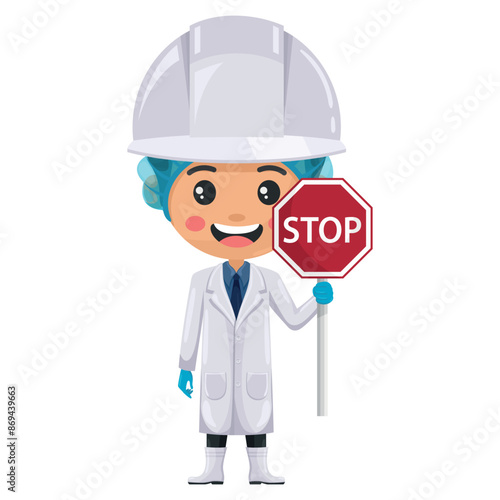 Quality control supervisor in food production line holding a stop sign. Agro-industrial engineer or food industry. Chief food safety engineer. Science, technology and safety in food production