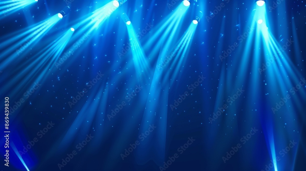 Modern realistic illustration of blue spotlight illumination on stage. Sparkling particles shimmering on the floor and in the air during a theater performance, music concert, circus performance. Modern realistic illustration of blue spotlight illumination on stage. Sparkling particles shimmering on the floor and in the air during a theater performance, music concert, circus performance.