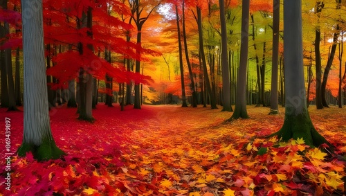 A vibrant autumn forest with leaves in shades of red, orange, and yellow, carpeting the forest floor. 