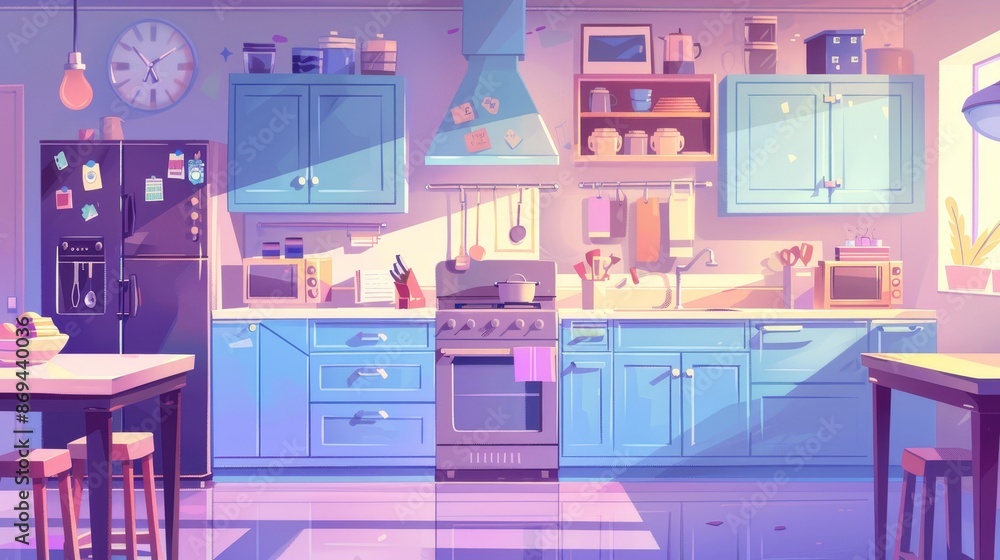 Fototapeta premium Kitchen interior design. Modern cartoon illustration of a clean dining room with blue wood and glass furniture, kitchenware on shelves, modern fridge and oven, daylight streaming through the window,