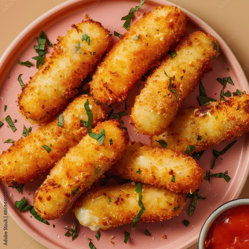 Fried mozzarella sticks served with marinara sauce, a cheesy, crispy, and delicious appetizer or snack. Fried mozzarella sticks served with marinara sauce, a cheesy, crispy, and delicious appetizer or snack.