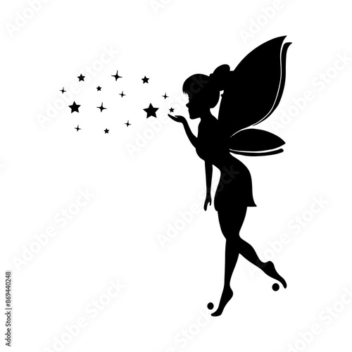 Silhouette of a fairy on a white background. Cute Fairy art. Beautiful Fairies silhouette illustration, Little fairies silhouette. Hand drawn vector illustration