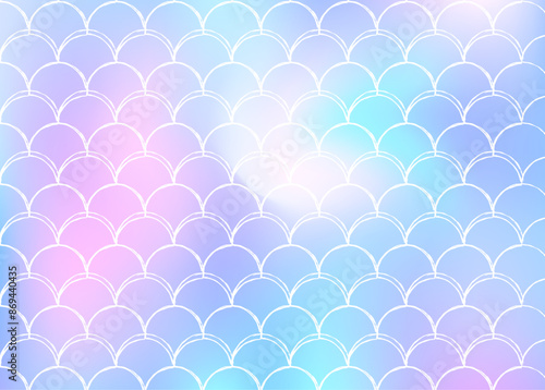 Gradient mermaid background with holographic scales. Bright color transitions. Fish tail banner and invitation. Underwater and sea pattern for girlie party. Futuristic backdrop with gradient mermaid.
