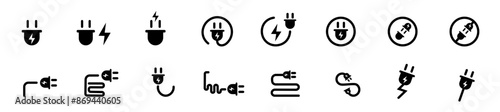 Plug black vector icon. Set of twisted electric plug signs on a white background