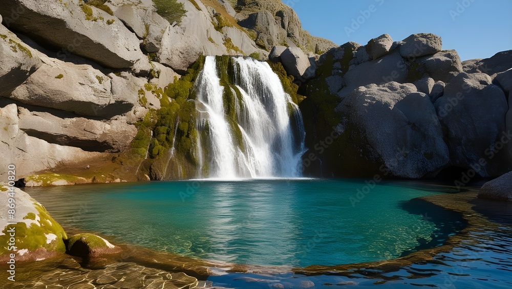 Naklejka premium A picturesque waterfall cascading down rugged cliffs into a crystal-clear pool, surrounded by moss-covered rocks. 