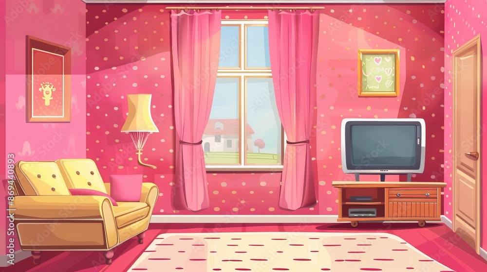 In this interior design, there is a sofa and a window. It is a modern home with pink furniture. A sofa, a lounge couch, television, and carpet are inside the apartment. In this interior design, there is a sofa and a window. It is a modern home with pink furniture. A sofa, a lounge couch, television, and carpet are inside the apartment.