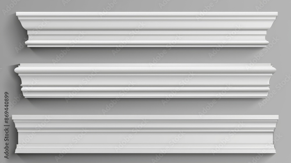A set of classic white baseboard molding png isolating on transparent background. Illustration of a decorative skirting board made of wood or gypsum for ceiling, floor, and wall design. A set of classic white baseboard molding png isolating on transparent background. Illustration of a decorative skirting board made of wood or gypsum for ceiling, floor, and wall design.