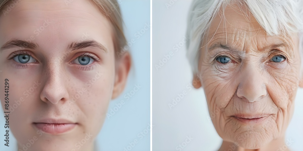Composite image of a womans face showing both youth and age. Concept Portrait Photography, Aging Process, Female Transformation, Composite Art, Beauty Evolution Composite image of a womans face showing both youth and age. Concept Portrait Photography, Aging Process, Female Transformation, Composite Art, Beauty Evolution