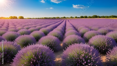 A field of lavender in full bloom, stretching out towards the horizon under a bright summer sky.