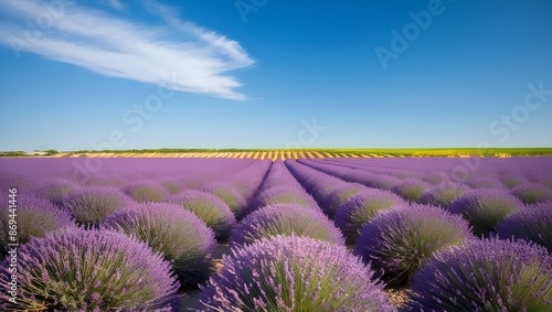 A field of lavender in full bloom, stretching out towards the horizon under a bright summer sky.
