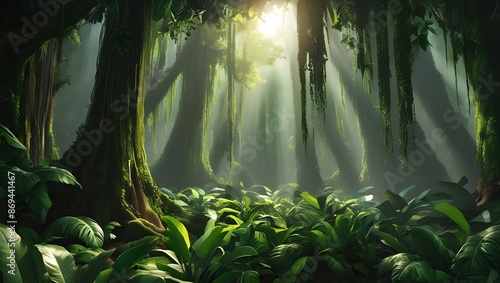 A dense tropical rainforest with a canopy of green leaves, sunlight filtering through and illuminating the forest floor. 