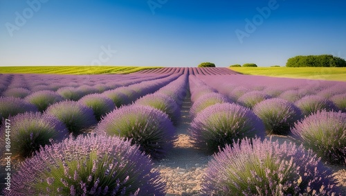 A field of lavender in full bloom, stretching out towards the horizon under a bright summer sky.