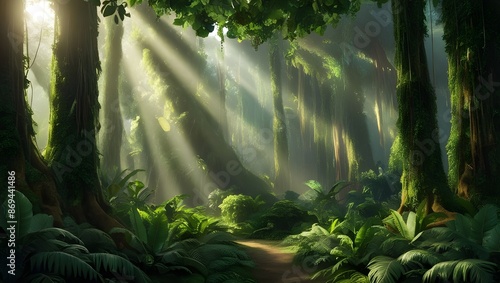 A dense tropical rainforest with a canopy of green leaves, sunlight filtering through and illuminating the forest floor. 
